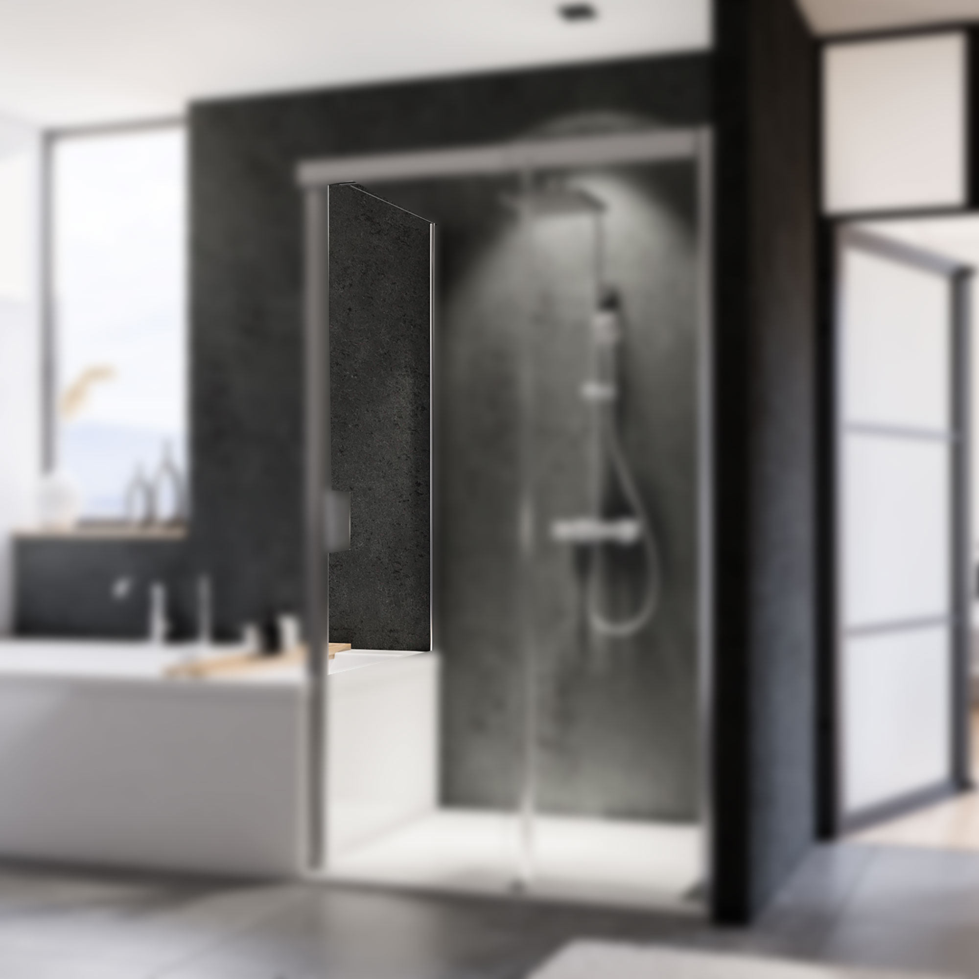 Panorama Badewannenseitenwand links AUF Wanne für Schiebetür und Soft & Silent Schiebetür, Fokus