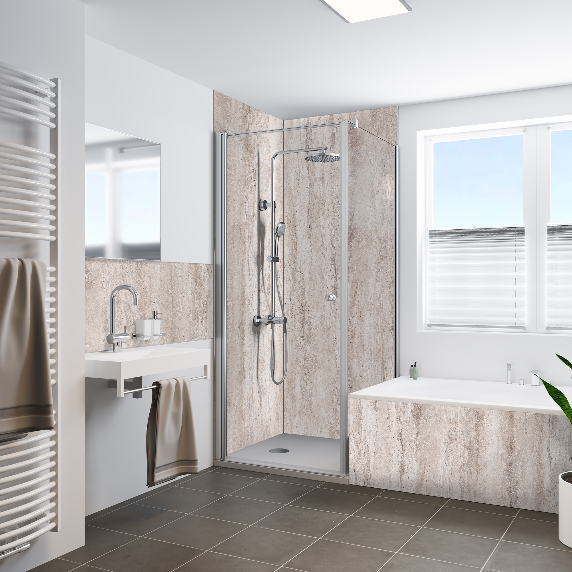 Duschrückwand Steinstruktur Tavertin Beige Dusche+BSW