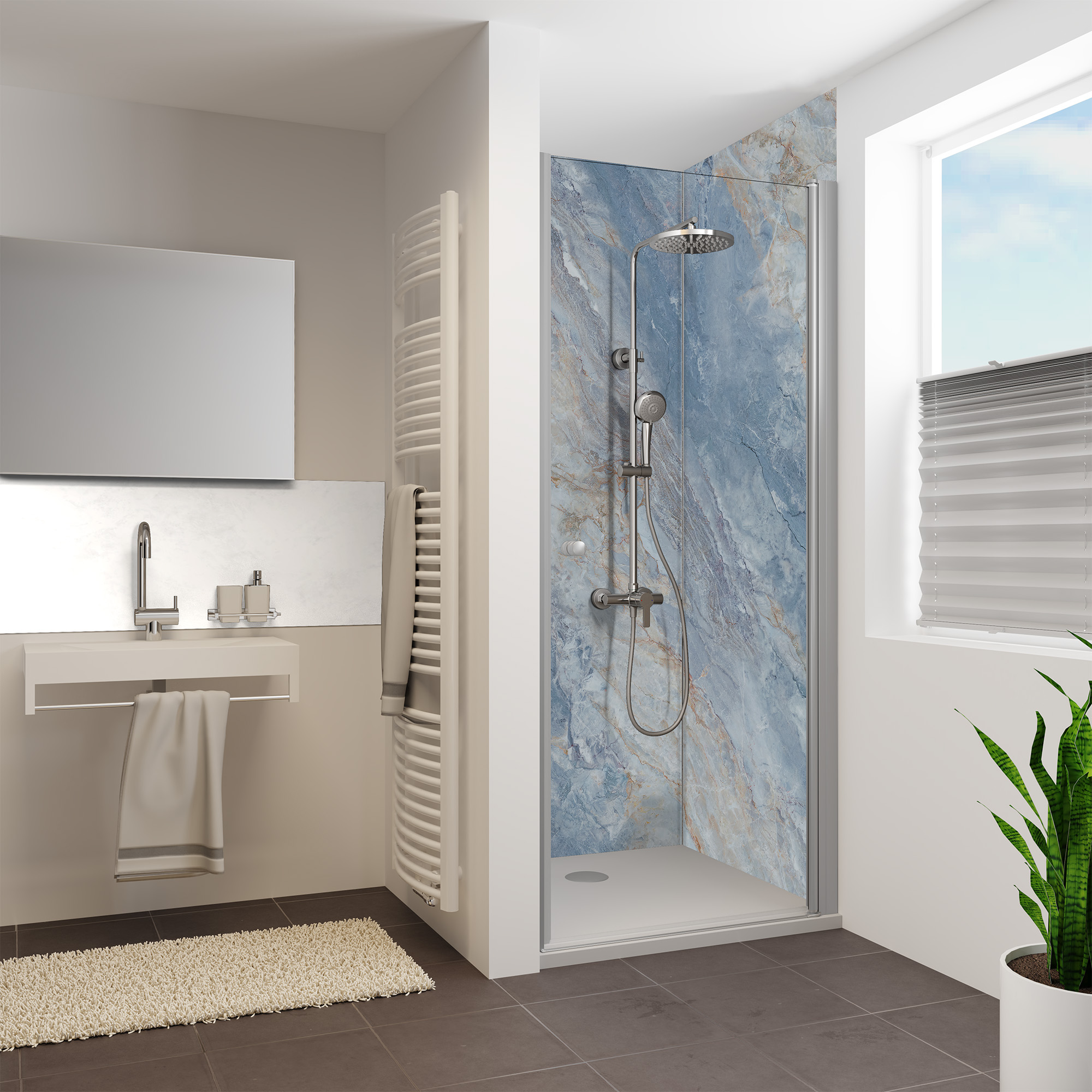 Duschrückwand Seidenmatt Marmor Blau Nische