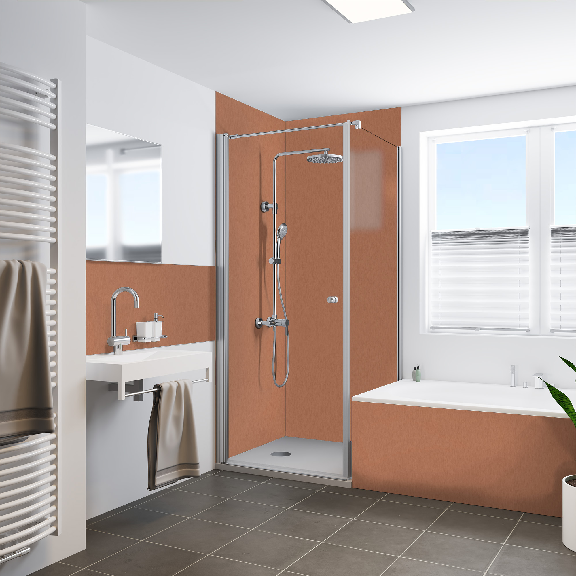 Seidenmatt Kupfer Metallic, Dusche mit Badewanne