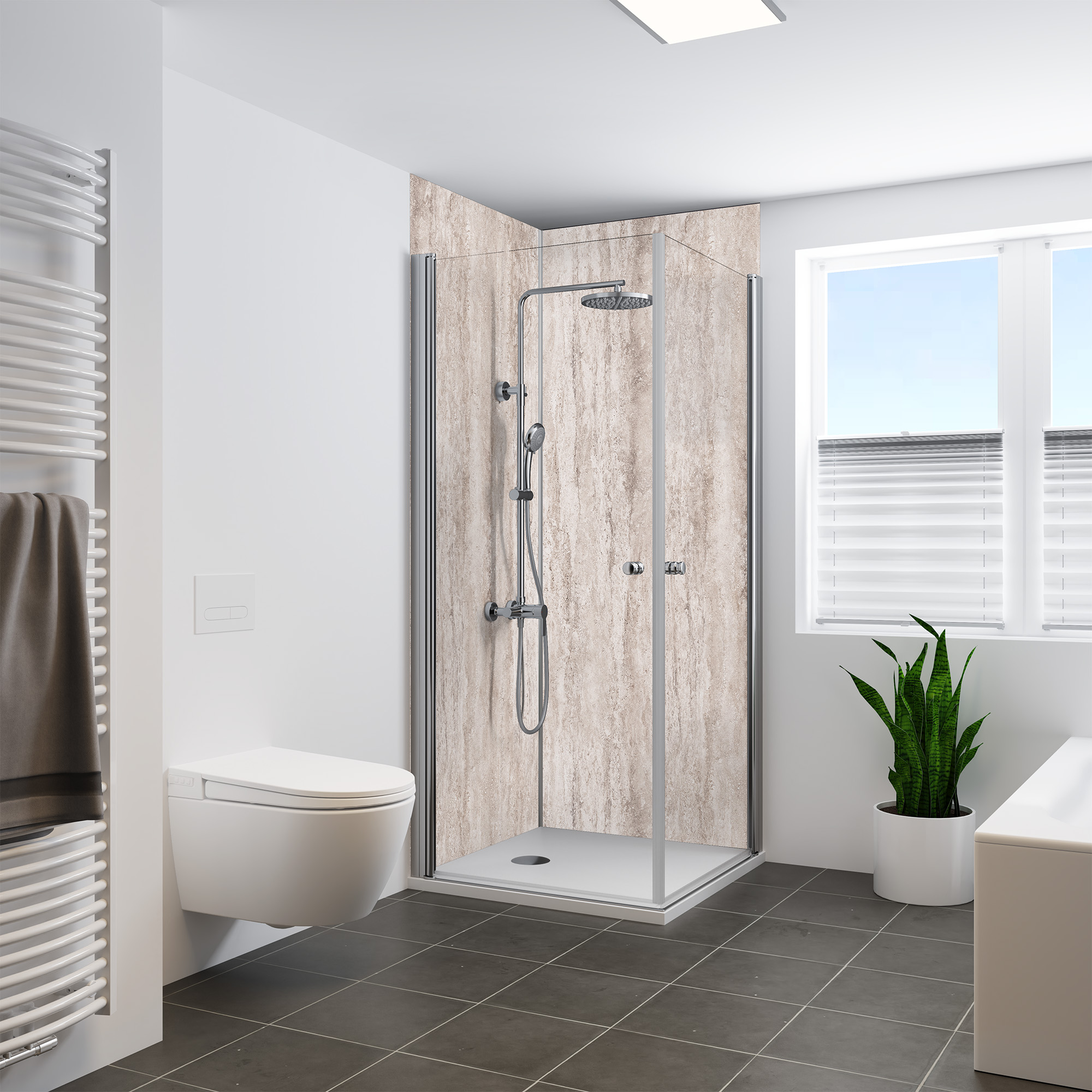 Duschrückwand Steinstruktur Tavertin Beige Eckeinstieg