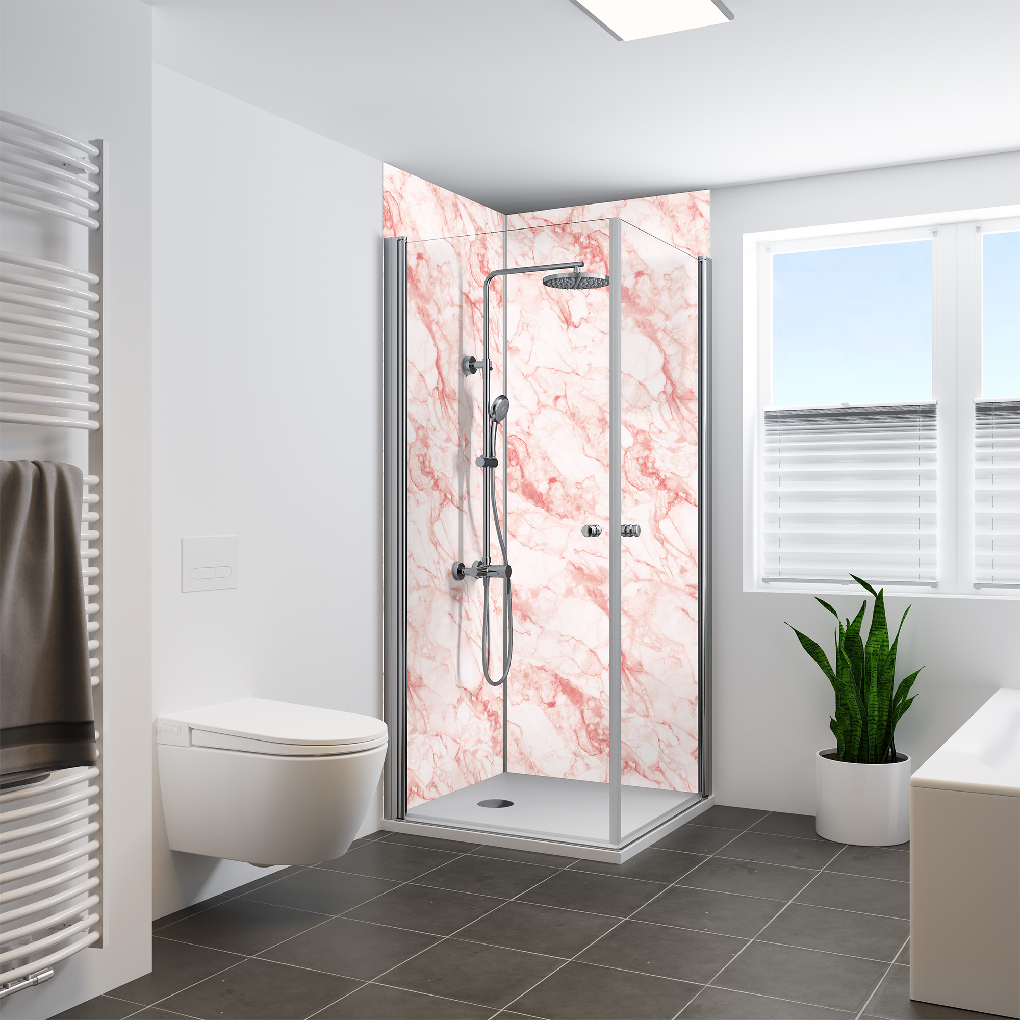 Duschrückwand Seidenmatt Marmor Rosé Eckeinstieg