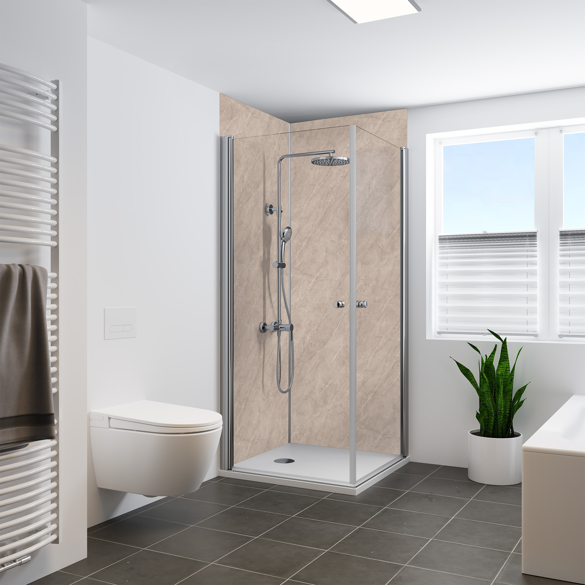 Duschrückwand Seidenmatt Stein Greige Eckeinstieg