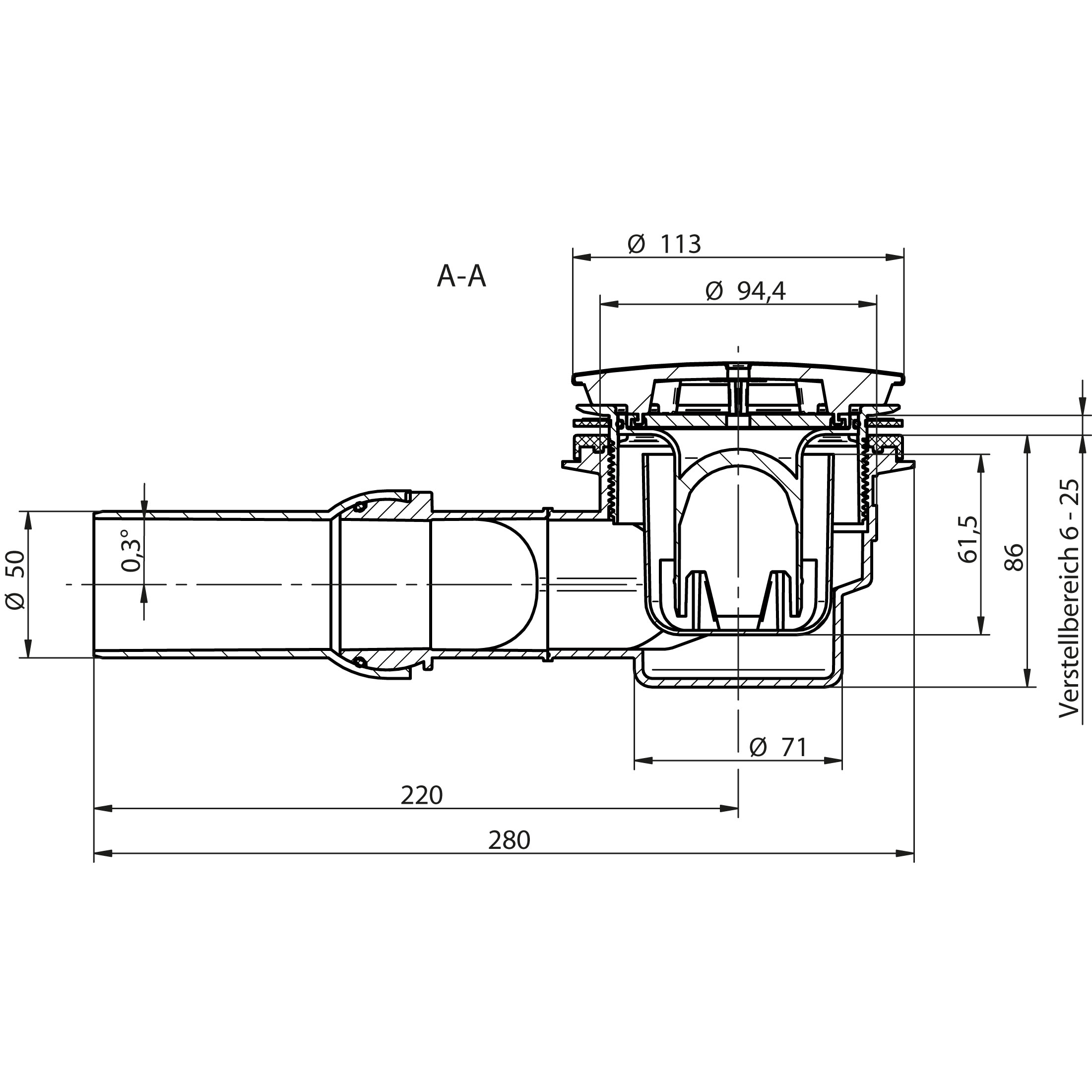 Flat Line Design Rundduschwanne, Radius 550, Zeichnung Siphon