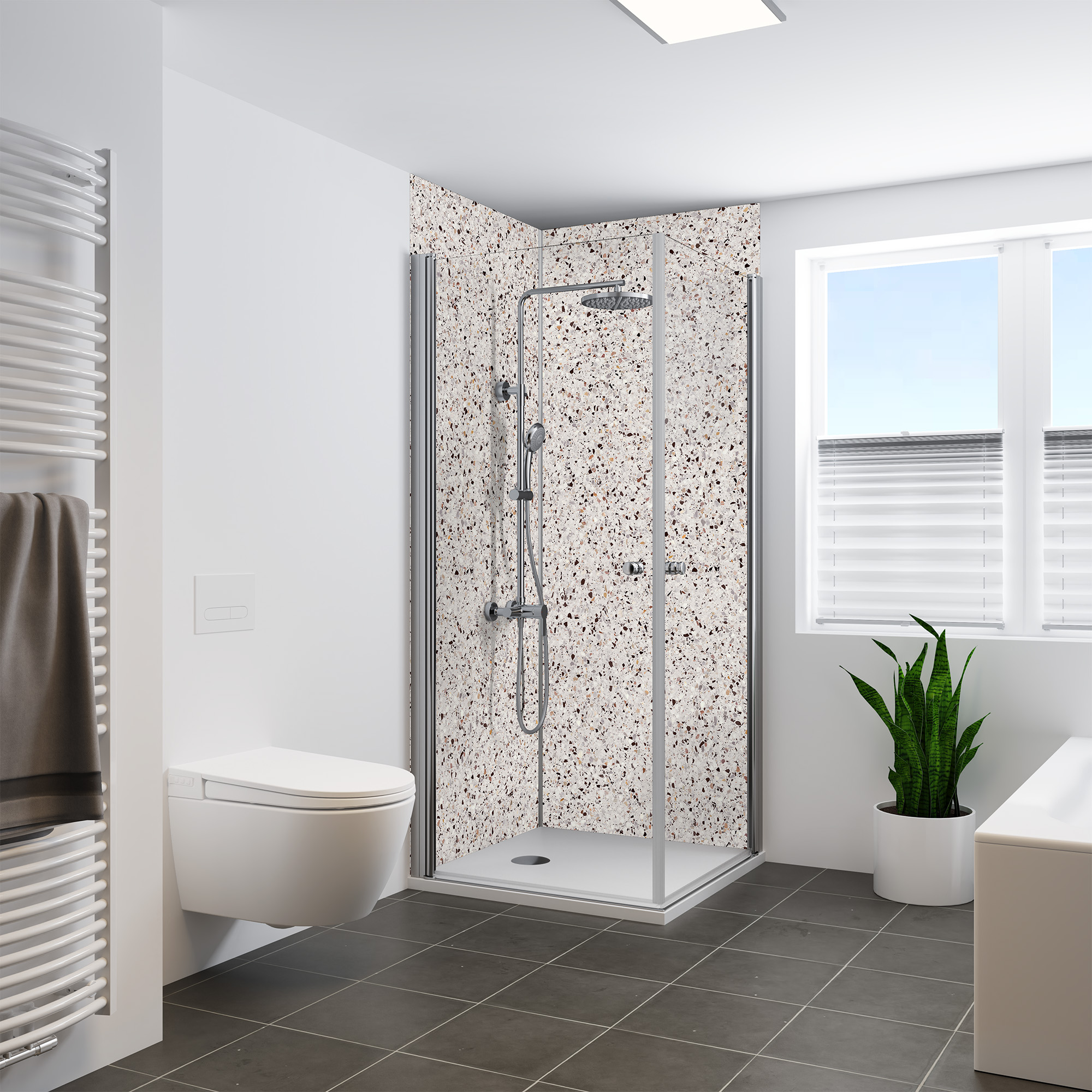 Duschrückwand Seidenmatt Terrazzo Feinmix Eckeinstieg