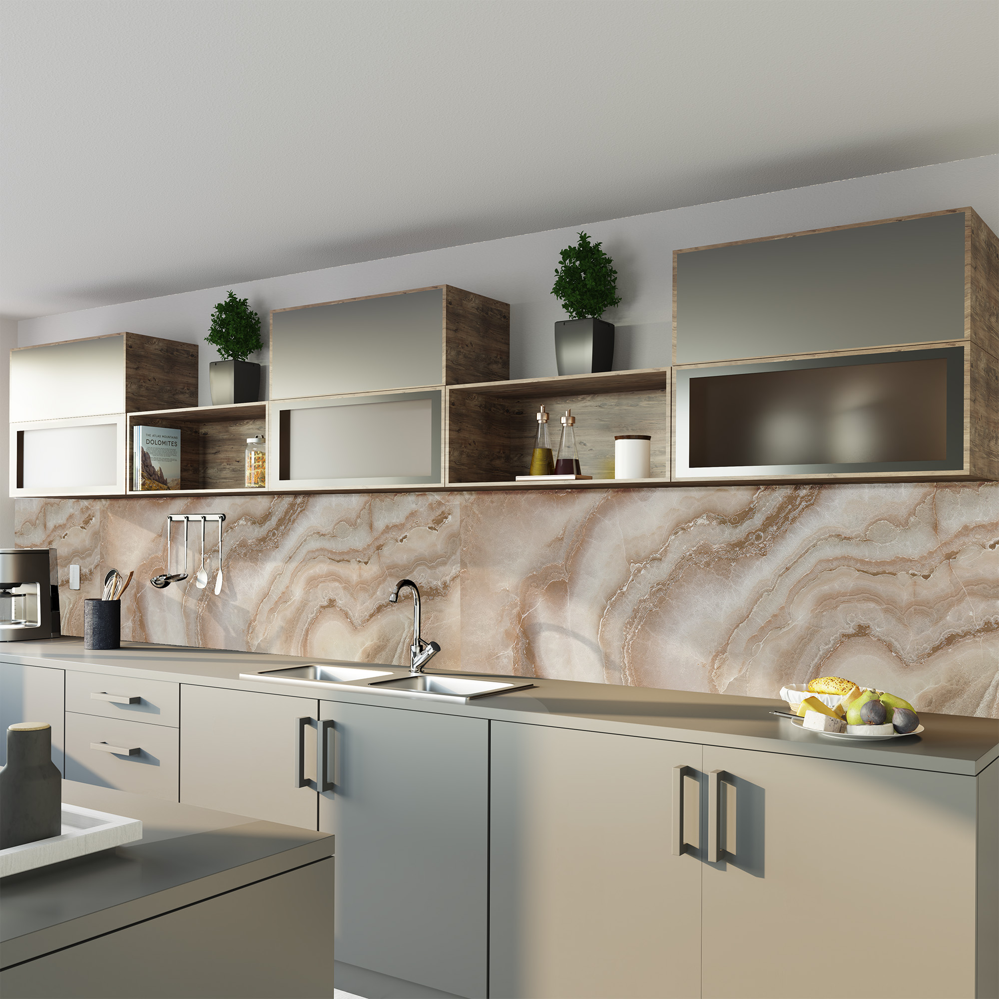 Duschrückwand Seidenmatt Marmor Beige-Weiß Küche