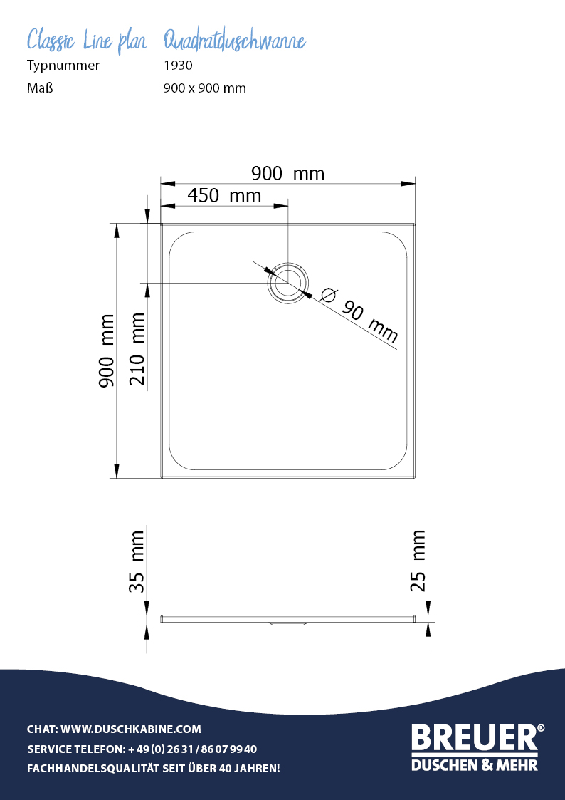 Classic Line plan Quadratduschwanne, Maßzeichnung 900 x 900 mm