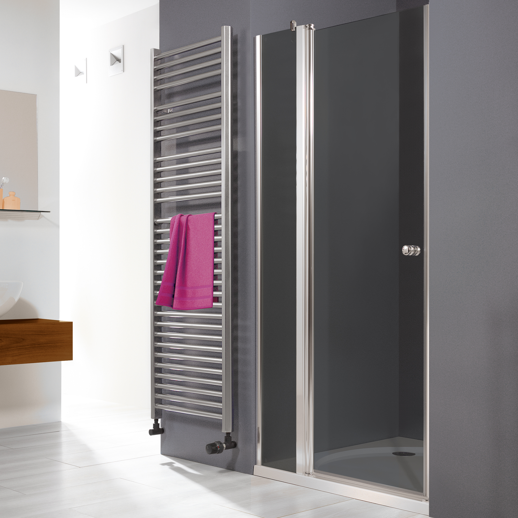 Elana 6: Drehtür mit Festteil für Nische, Anschlag links, grau getönt