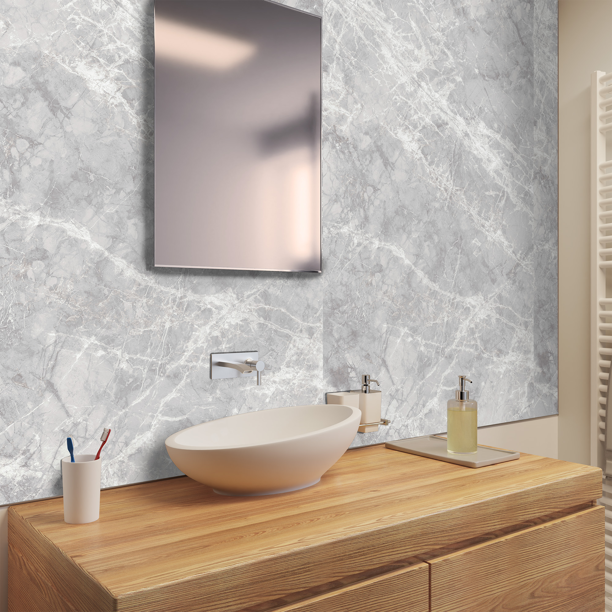 Duschrückwand Seidenmatt Marmor Silbergrau Waschtisch