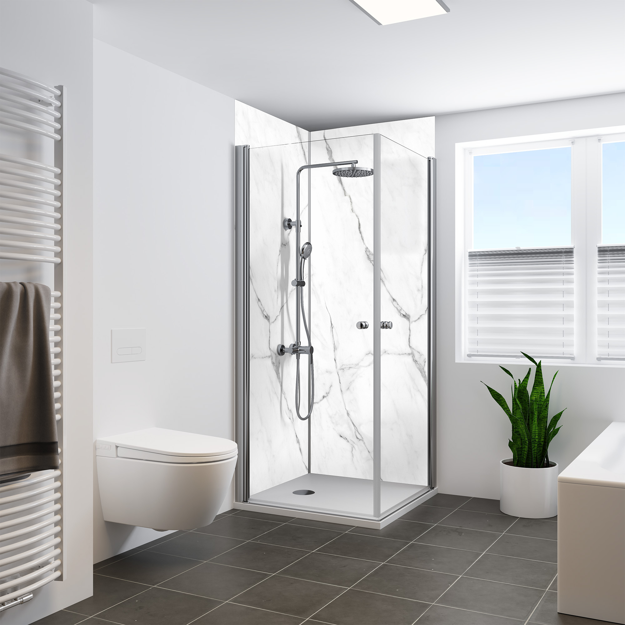 Duschrückwand Seidenmatt Marmor Bianco Eckeinstieg