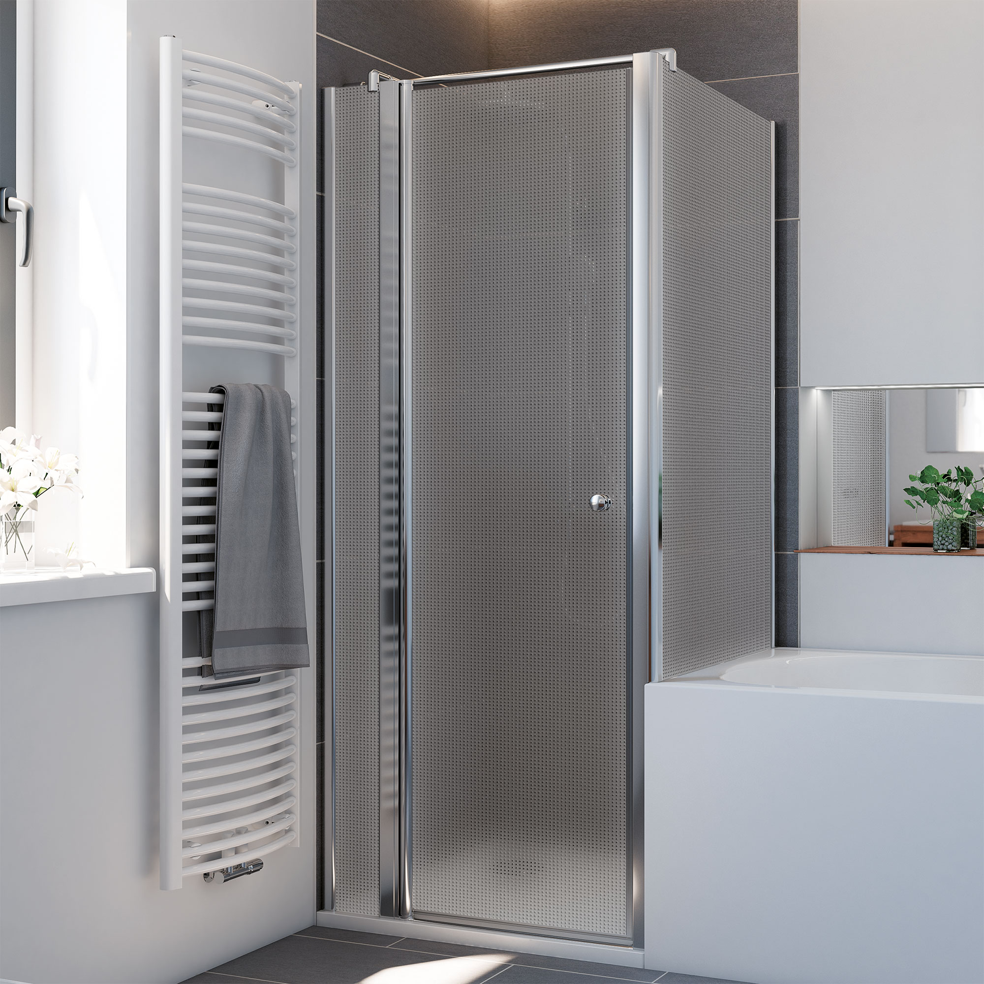 Elana 6: Drehtür mit Festteil links für Seitenwand, Mastercarre